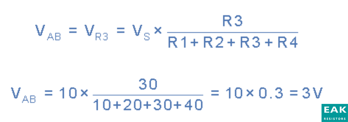 上面的电位分压器电路显示了四个串联在一起的电阻。可以使用分电位器公式计算 A 点和 B 点的电压降，如下所示：